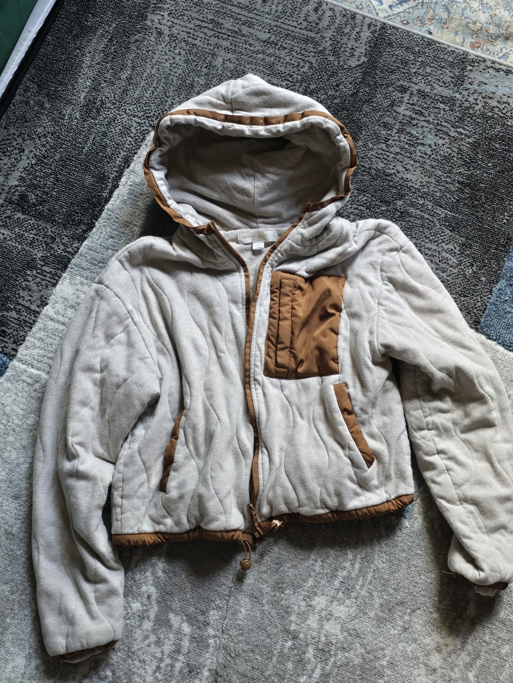 Spiritual Gangster Quilted Fleece Full Zip Hooded Jacket Oat & Brown Trim Small